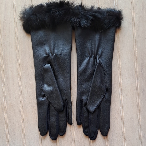 Vitro Genuine Rabbit Fur Cuff Black Leather Gloves Luxury Classic Stretchable - Picture 4 of 11